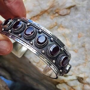 SOLID HEAVY Oxidized Sterling silver 925 SILVER bracelet GENUINE GARNET cuff